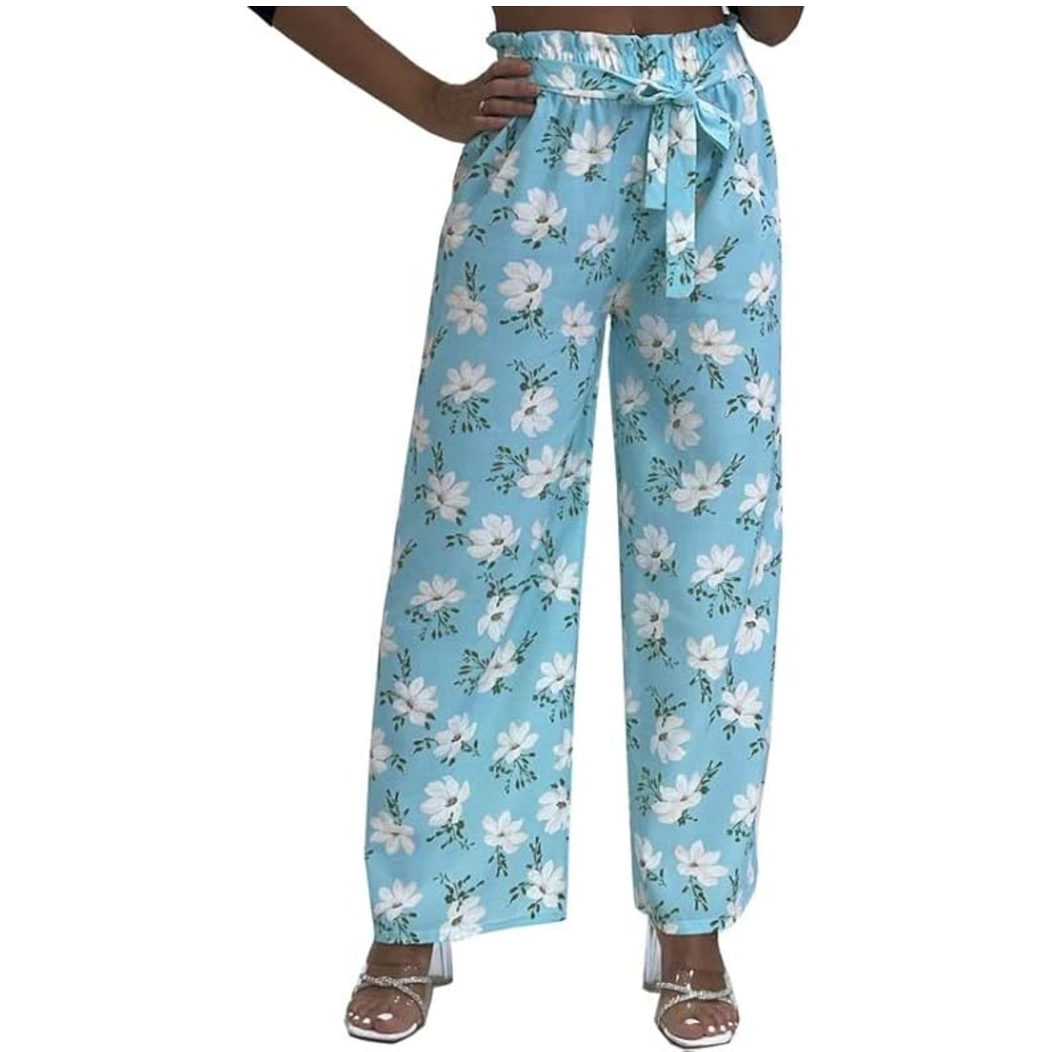 Ladies blue floral summer trousers wide leg lightweight casual holiday pants with belt